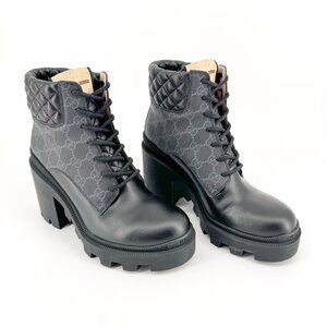 Gucci Apollo GG Monogram Combat Boots EU 38 US 8 Black Leather Canvas Samoa Trip